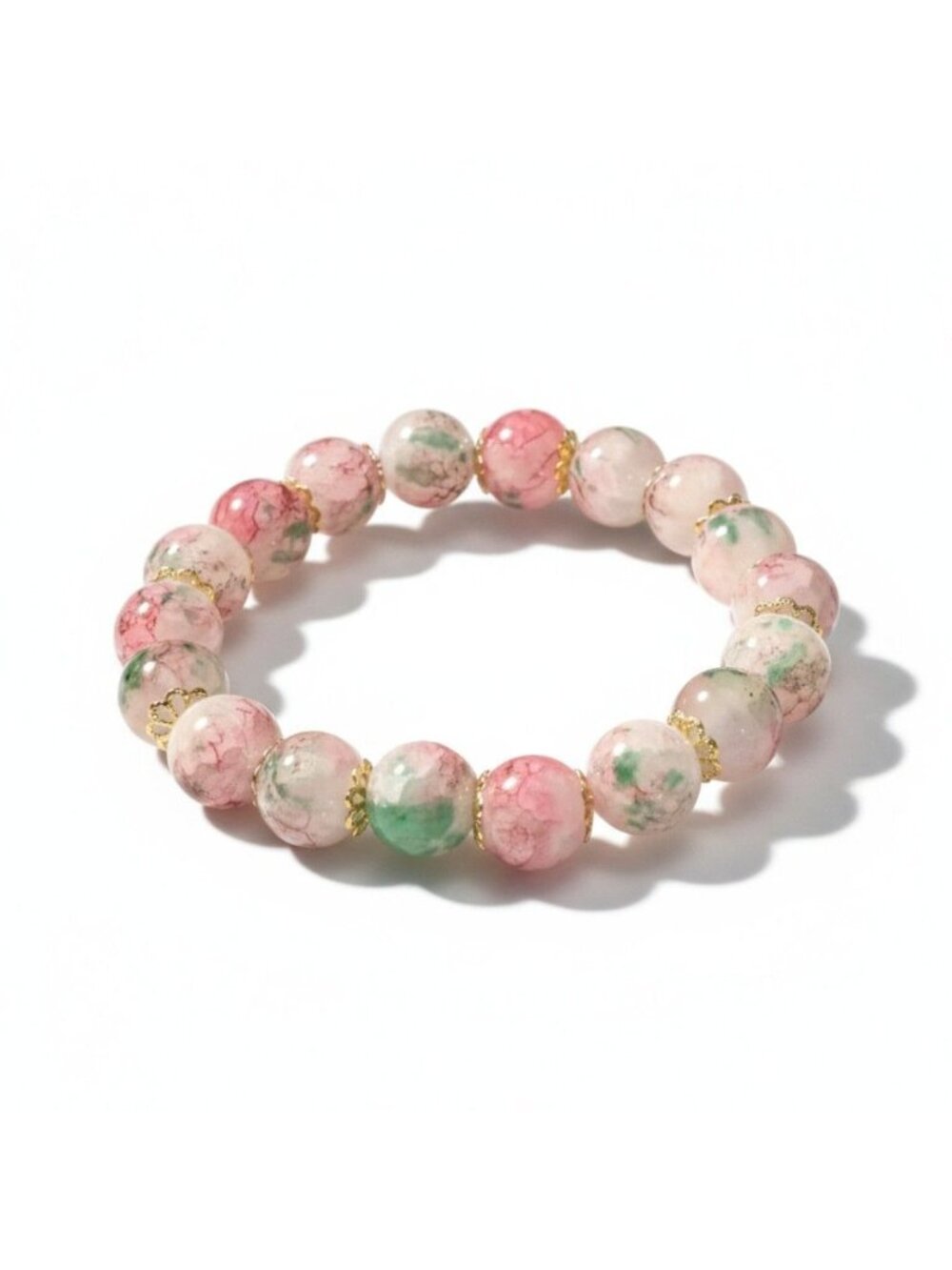 Crackled Glass Ombre Cherry Blossom Bracelet - Pink & Green Floral Stretch Brace - Picture 2 of 9